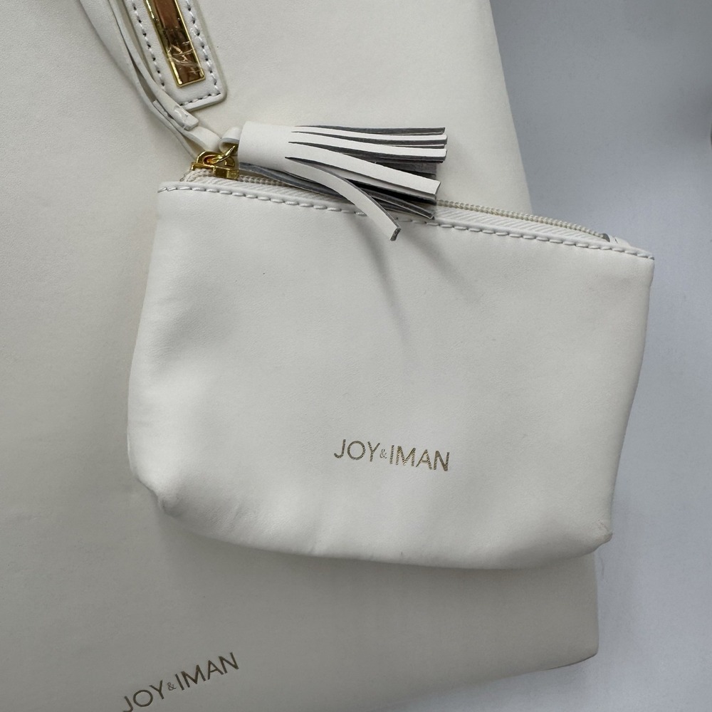 Joy & Iman White Leather Tote Shoulder Bag Gold Tone Tassel Pouch New - Picture 2 of 10